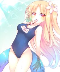 Rule 34 | 1girl, azur lane, blonde hair, blue hair, blue innertube, blue one-piece swimsuit, blush, bottle, breasts, cleveland (azur lane), collarbone, covered navel, flower, food, food in mouth, gradient hair, groin, hair flower, hair ornament, highleg, highleg swimsuit, holding, holding bottle, holding swim ring, innertube, long hair, looking at viewer, medium breasts, mouth hold, multicolored hair, name tag, old school swimsuit, one-piece swimsuit, one side up, parted bangs, popsicle, red eyes, sakurato ototo shizuku, school swimsuit, solo, swim ring, swimsuit, transparent, very long hair, water bottle, wet, white flower