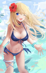 Rule 34 | 1girl, ;d, absurdres, bare arms, bare shoulders, bikini, blonde hair, blue bikini, blue choker, blue eyes, blush, bracelet, breasts, bridal garter, choker, cleavage, collarbone, commentary request, cowboy shot, flower, front-tie bikini top, front-tie top, hair flower, hair ornament, halterneck, hibiscus, highres, jewelry, karuizawa kei, large breasts, long hair, looking at viewer, navel, one eye closed, open mouth, outdoors, red flower, side-tie bikini bottom, smile, solo, stomach, sukuemon, swimsuit, youkoso jitsuryoku shijou shugi no kyoushitsu e