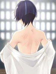 Rule 34 | 1boy, back, back focus, back tattoo, bananakeki, black hair, from behind, genshin impact, highres, japanese clothes, male focus, mitsudomoe (shape), multicolored hair, neck tattoo, open clothes, purple hair, scaramouche (genshin impact), scratches, signature, solo, tattoo, tomoe (symbol), upper body, window