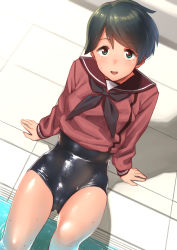 Rule 34 | 1girl, black hair, black neckwear, blush, cameltoe, commentary, green eyes, kantai collection, long sleeves, looking at viewer, mogami (kancolle), one-piece swimsuit, open mouth, pool, poolside, red neckwear, sailor collar, school uniform, serafuku, shiden (sashimi no wife), shiny clothes, short hair, sitting, solo, sweat, swimsuit, swimsuit under clothes