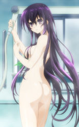 Rule 34 | 1girl, absurdres, ass, blush, breasts, completely nude, convenient censoring, cowboy shot, date a live, hair between eyes, hair censor, hair over eyes, highres, long hair, looking at viewer, medium breasts, nude, open mouth, plant, purple eyes, purple hair, screencap, shiny skin, showering, sidelocks, solo, stitched, third-party edit, very long hair, wet, wet hair, window, yatogami tooka