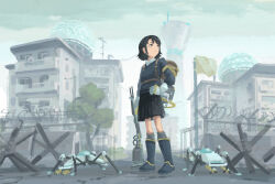 Rule 34 | 1girl, backpack, bag, black hair, black skirt, black sweater, boots, building, day, flag, gloves, gun, hand on own hip, highres, katakai, knee boots, original, outdoors, pleated skirt, robot, science fiction, short hair, skirt, solo, standing, sweater, town, weapon, white gloves