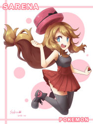 Rule 34 | 10s, blonde hair, blush, breasts, creatures (company), game freak, hat, highres, long hair, low-tied long hair, nintendo, pleated skirt, poke ball, pokemon, pokemon (anime), pokemon xy, serena (pokemon), shoes, skirt, small breasts, sneakers, thighhighs, zettai ryouiki