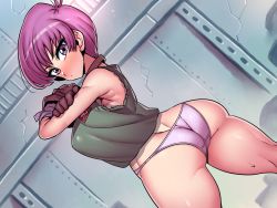 Rule 34 | 1girl, armpits, arms up, ass, bare legs, blush, breasts, brown gloves, closed mouth, cowboy shot, dragon ball, dragon ball (classic), dutch angle, embarrassed, female focus, from behind, gloves, highres, indoors, large breasts, legs apart, looking at viewer, matching hair/eyes, panties, purple eyes, purple hair, red ribbon army, shiny skin, shirt, short hair, sleeveless, sleeveless shirt, solo, standing, sweatdrop, tukiwani, underwear, violet (dragon ball)