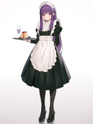 Rule 34 | 1girl, 95---, alternate costume, apron, black dress, blunt bangs, cut bangs, dress, fern (sousou no frieren), frilled apron, frills, high heels, highres, light smile, long hair, looking at viewer, maid, maid apron, maid headdress, pantyhose, puffy sleeves, purple eyes, purple hair, sidelocks, smile, sousou no frieren, straight hair, tray, waist apron, white apron, wrist cuffs