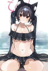 Rule 34 | 1girl, absurdres, animal ear fluff, animal ears, bare arms, bare legs, bare shoulders, beach, bikini, black bikini, black hair, blue archive, blush, breasts, cat ears, cleavage, closed mouth, collarbone, frilled bikini, frills, hair between eyes, halo, higa (gominami), highres, long hair, navel, ocean, official alternate costume, pink halo, red eyes, serika (blue archive), serika (swimsuit) (blue archive), small breasts, solo, swimsuit, twintails