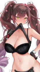 Rule 34 | 1girl, android, blush, breasts, brown hair, cleavage, gloves, gradient hair, hair between eyes, hair ornament, highres, hololive, large breasts, leon decarabia, long hair, looking at viewer, mechanical legs, multicolored hair, roboco-san, solo, virtual youtuber, yellow eyes