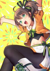 Rule 34 | 1girl, :d, ahoge, arms up, black camisole, black ribbon, blush, boots, breasts, brown hair, camisole, cat hair ornament, collarbone, commentary request, crop top, green eyes, green ribbon, hair between eyes, hair ornament, hair ribbon, halterneck, highres, hololive, jacket, kirisaki shuusei, long hair, looking at viewer, midriff, miniskirt, natsuiro matsuri, natsuiro matsuri (1st costume), navel, neck ribbon, open mouth, orange jacket, pantyhose, pinstripe camisole, pinstripe pattern, pleated skirt, ribbon, short sleeves, side ponytail, side slit, sidelocks, skirt, small breasts, smile, solo, spaghetti strap, striped, teeth, upper teeth only, virtual youtuber, white footwear, white skirt, yellow background