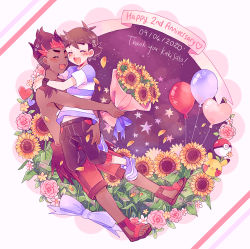 Rule 34 | 2boys, :d, anniversary, ash ketchum, balloon, bouquet, carrying, catsubun (kkst0904), character print, commentary, creatures (company), dark-skinned male, dark skin, dated, flower, game freak, gen 1 pokemon, heart, highres, holding, holding bouquet, interracial, jewelry, kiawe (pokemon), male focus, multiple boys, necklace, nintendo, open mouth, pants, petals, pikachu, poke ball, poke ball (basic), pokemon, pokemon (anime), pokemon (creature), pokemon sm (anime), sandals, shirt, shoes, short sleeves, shorts, smile, striped clothes, striped shirt, sunflower, t-shirt, teeth, toes, tongue, topless male, upper teeth only, yaoi
