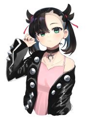 Rule 34 | 1girl, absurdres, arm up, asymmetrical bangs, black hair, black jacket, black nails, blush, closed mouth, collarbone, commentary request, creatures (company), cropped torso, dress, earrings, game freak, green eyes, highres, jacket, jewelry, long sleeves, looking at viewer, marnie (pokemon), nail polish, nintendo, off shoulder, open clothes, open jacket, pink dress, pokemon, pokemon swsh, ranf, short hair, short twintails, single bare shoulder, single earring, stud earrings, twintails, upper body