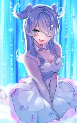 Rule 34 | + +, 1girl, absurdres, alternate costume, aqua eyes, blue hair, blue wings, blush, breasts, cleavage, collarbone, cowboy shot, dragon girl, dress, elira pendora, fang, hair ornament, hair over one eye, head wings, highres, long hair, looking at viewer, medium breasts, mole, mole on breast, nijisanji, nijisanji en, one eye covered, open mouth, rapis0291, see-through, see-through sleeves, sidelocks, simple background, smile, solo, strapless, strapless dress, v arms, virtual youtuber, white hair, wings, x hair ornament