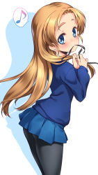 Rule 34 | 10s, 1girl, alternate hairstyle, ass, black pantyhose, blue eyes, blue skirt, blue sweater, blush, closed mouth, commentary request, cowboy shot, eighth note, forehead, from side, girls und panzer, hair down, highres, kuzuryuu kennosuke, long hair, long sleeves, looking at viewer, looking to the side, miniskirt, musical note, orange hair, orange pekoe (girls und panzer), pantyhose, pleated skirt, shadow, skirt, smile, solo, spoken musical note, sweater, tareme, tying hair, white background