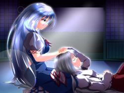 Rule 34 | 2girls, arm rest, armband, backlighting, blue hair, breasts, commentary request, dress, forest, fujiwara no mokou, grey eyes, hand on another&#039;s head, holding hands, indoors, kamishirasawa keine, knee up, lens flare, light smile, long hair, long sleeves, looking at another, lying, lying on person, medium breasts, moonbeam, moonlight, multiple girls, nature, night, no headwear, no headwear, on back, open door, pants, profile, puffy short sleeves, puffy sleeves, ribbon, short sleeves, silver hair, sitting, sliding doors, sparkle, stachz, suspenders, touhou, very long hair, wariza, yuri