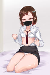 Rule 34 | 1girl, bang dream!, bare legs, bed sheet, black mask, black skirt, blush, bra, breasts, brown eyes, brown hair, clothes lift, collared shirt, frilled bra, frills, grey background, hazawa tsugumi, highres, jokarara, kneeling, long sleeves, looking at viewer, lying, mask, mouth mask, necktie, on stomach, open clothes, open shirt, opened by self, panties, pencil skirt, red necktie, shirt, short hair, sitting, skirt, skirt lift, small breasts, solo, swept bangs, thick thighs, thighs, underwear, white bra, white panties, white shirt, wing collar