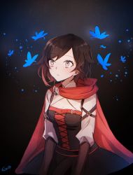 Rule 34 | 1girl, black background, black hair, blue butterfly, breasts, bug, butterfly, ecru, bug, multicolored hair, red hair, ruby rose, rwby, short hair, grey eyes, small breasts