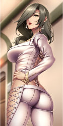 Rule 34 | 10s, 1girl, amamiya tsubaki, ass, black hair, blazer, blurry, breasts, buttons, ceiling, closed mouth, cowboy shot, crop top, cross-laced clothes, cross-laced legwear, depth of field, dimples of venus, earrings, female focus, formal, from below, from side, glint, god eater, god eater burst, green eyes, green hair, hair over one eye, hand on own hip, highres, hoop earrings, indoors, jacket, jewelry, large breasts, lips, lipstick, long hair, long sleeves, looking at viewer, looking back, makeup, matching hair/eyes, mature female, mole, mole under mouth, one eye covered, pants, red lips, skin tight, solo, standing, thighs, tight clothes, tight pants, watanuki kaname, wavy hair, white pants