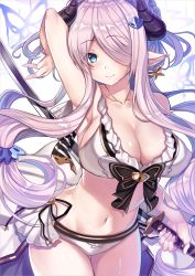 Rule 34 | 10s, 1girl, arm up, bad arm, bikini, blue eyes, blush, breasts, butterfly earrings, cleavage, closed mouth, collarbone, cowboy shot, draph, earrings, artistic error, granblue fantasy, hair over one eye, holding, holding sword, holding weapon, horns, jewelry, katana, kurata muto, large breasts, looking at viewer, narmaya (granblue fantasy), narmaya (summer) (granblue fantasy), pointy ears, purple hair, smile, solo, swimsuit, sword, weapon, white bikini