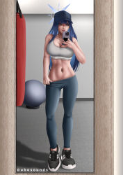 Rule 34 | 1girl, absurdres, alternate costume, ball, bare shoulders, baseball cap, black footwear, black hair, black hat, blue archive, blue eyes, breasts, calvin klein, cellphone, cleavage, closed mouth, clothes pull, collarbone, commentary, exercise ball, full body, grey pants, grey sports bra, halo, hat, highres, holding, holding phone, long hair, looking at mirror, looking at viewer, medium breasts, midriff, mirror, mirror image, navel, no mask, obosounds, pants, pants pull, phone, punching bag, saori (blue archive), selfie, shadow, shoes, sleeveless, smartphone, sneakers, solo, sports bra, sportswear, standing, twitter username, yoga pants