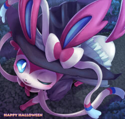 Rule 34 | clothed pokemon, creatures (company), english text, game freak, gen 6 pokemon, halloween, hat, histoire-ange, looking at viewer, nintendo, no humans, one eye closed, open mouth, outdoors, pokemon, pokemon (creature), solo, sylveon, watermark, wizard hat