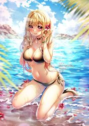 1girl artist_name beach bikini black_bikini black_choker black_footwear blonde_hair blue_sky breasts choker cleavage cloud day flower full_body hair_flower hair_ornament high_heels highres kira_yukishiro kitagawa_marin large_breasts long_hair looking_at_viewer ocean outdoors parted_lips red_eyes side-tie_bikini_bottom sitting sky solo sono_bisque_doll_wa_koi_wo_suru swimsuit wariza