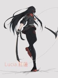 Rule 34 | 1girl, black hair, black jacket, black pantyhose, black skirt, character name, commentary request, fake horns, from behind, grey background, highres, holding, holding sword, holding weapon, horns, jacket, katana, long hair, lucia: lotus (punishing: gray raven), lucia (punishing: gray raven), midriff, miniskirt, multicolored hair, negse 38u, pantyhose, pleated skirt, punishing: gray raven, red hair, red horns, red scarf, scarf, short sleeves, sidelocks, skirt, solo, streaked hair, sword, translation request, weapon