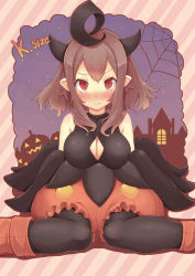 Rule 34 | 10s, 1girl, ahoge, black pantyhose, blush, boots, breasts, brown hair, cleavage, cleavage cutout, clothing cutout, creatures (company), fang, game freak, gen 6 pokemon, highres, horns, knees, large breasts, legs, night, nintendo, pantyhose, personification, pointy ears, pokemon, pokemon xy, pumpkaboo, pumpkin, red eyes, silk, sleeveless, solo, spider web, star (symbol), yuki usagi (snowcanvas)