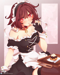 Rule 34 | 1girl, aged up, alternate costume, apron, bare shoulders, breasts, brown hair, cake, choker, female frisk (undertale), finger to mouth, food, frisk (undertale), heart, heart choker, highres, large breasts, looking at viewer, maid, maid apron, maid headdress, nuvex, red eyes, short hair, sitting, solo, thighhighs, underfell, undertale