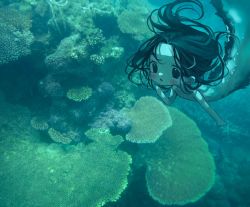 Rule 34 | 1girl, :o, black eyes, black hair, blush, commentary request, coral, diving, fins, flat chest, floating hair, freediving, hand to own mouth, ishida umi, long hair, looking at viewer, monster girl, nature, open mouth, original, photo background, solo, swimming, underwater