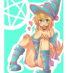 Rule 34 | 1girl, aqua background, bad id, bad pixiv id, bare shoulders, blonde hair, blue footwear, blush stickers, boots, breasts, choker, cleavage, dark magician girl, duel monster, dyson (edaokunnsaikouya), dyson giga drain, fang, green eyes, hat, heart, jewelry, large breasts, long hair, necklace, open mouth, panties, pentacle, pentagram, solo, underwear, white panties, witch hat, yu-gi-oh!, yuu-gi-ou, yu-gi-oh! duel monsters