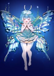 Rule 34 | 1girl, absurdres, adapted costume, antennae, aqua hair, barefoot, blue flower, butterfly wings, closed eyes, dress, eternity larva, fairy, fangs, flower, full body, green dress, hair flower, hair ornament, highres, insect wings, open mouth, pointy ears, short hair, shouxishao jiuyuan, skin fangs, sleeveless, sleeveless dress, smile, solo, touhou, wings