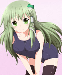 Rule 34 | 1girl, absurdres, bad id, bad pixiv id, bent over, black thighhighs, breasts, female focus, frog, frog hair ornament, green eyes, green hair, hair ornament, highres, kochiya sanae, large breasts, long hair, masa masa, one-piece swimsuit, school swimsuit, snake, snake hair ornament, solo, swimsuit, thighhighs, touhou