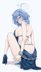 Rule 34 | 1girl, absurdres, ako (blue archive), ako (dress) (blue archive), ass, backless dress, backless outfit, bare arms, bare back, bare shoulders, blue archive, blue dress, blue eyes, blue footwear, blue hair, blush, breasts, butt crack, chain, commentary request, cuffs, dress, feint721, head tilt, high heels, highres, knee up, large breasts, looking at viewer, shackles, shadow, short hair, sleeveless, sleeveless dress, solo, thighs