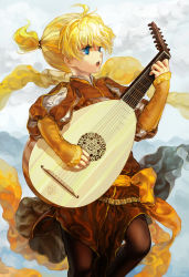 Rule 34 | 1boy, blonde hair, blue eyes, child, faux traditional media, instrument, jane mere, kagamine len, lute (instrument), male focus, music, pantyhose, ponytail, singing, solo, vocaloid