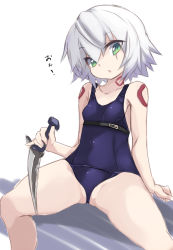 Rule 34 | 1girl, bare shoulders, blue eyes, blue one-piece swimsuit, breasts, collarbone, covered navel, dagger, facial scar, fate/apocrypha, fate/grand order, fate (series), female focus, green eyes, hand up, holding, holding dagger, holding knife, holding weapon, jack the ripper (fate/apocrypha), japanese text, karukan (monjya), knife, looking at viewer, one-piece swimsuit, open mouth, scar, scar across eye, scar on cheek, scar on face, short hair, shoulder tattoo, simple background, sitting, small breasts, solo, spread legs, swimsuit, tattoo, translation request, weapon, white background, white hair