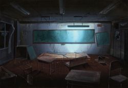 Rule 34 | abandoned, birijian, blue theme, chair, chalkboard, classroom, commentary request, curtains, door, glass, highres, indoors, muted color, night, no humans, original, roomscape, ruins, scenery, table, traditional media, window, wooden floor