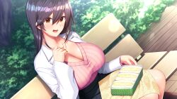 Rule 34 | 1girl, anza tomo, bench, bento, blush, boku to sensei no nyuuin seikatsu, breasts, brown hair, cleavage, embarrassed, eyebrows hidden by hair, feet out of frame, female focus, food, game cg, hair between eyes, hand on own chest, hand up, isami moe, lab coat, large breasts, legs, long hair, looking at viewer, open mouth, orange eyes, original, outdoors, sitting, skirt, solo, thighs, tree, wooden floor