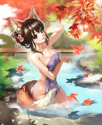 Rule 34 | 1girl, adjusting hair, animal ears, autumn, breast hold, breasts, bridge, brown eyes, brown hair, bucket, chushengdao, cleavage, covering privates, flower, fox ears, fox tail, hair flower, hair ornament, hair up, highres, kaku-san-sei million arthur, kneeling, leaf, light smile, lips, looking at viewer, million arthur (series), naked towel, nude cover, off shoulder, onsen, parted lips, partially submerged, shadow, solo, steam, tail, towel, water