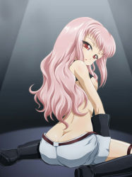 Rule 34 | 00s, 1girl, alternate hairstyle, anya alstreim, ass, boots, butt crack, clothes lift, code geass, flat chest, grey background, hair down, highres, jpeg artifacts, long hair, nipples, open mouth, pink hair, red eyes, shirt lift, solo, source request, tanan, third-party edit