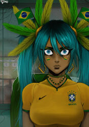 1girl 2014_fifa_world_cup bead_necklace beads blue_eyes blue_hair brazilian_flag brazilian_miku breasts brown_lips choker commentary constricted_pupils dark-skinned_female dark_skin earrings english_commentary expressionless eyeshadow facepaint feather_hair_ornament feathers flag_hair_ornament gold_earrings green_choker green_eyeshadow hair_between_eyes hair_ornament hatsune_miku highres jewelry long_eyelashes makeup mascara medium_breasts necklace nike_(company) nyuunzi pursed_lips rain rectangular_earrings reflection shirt sitting soccer_uniform solo sportswear thick_eyebrows twintails vocaloid when_you_see_it window world_cup yellow_shirt