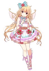 Rule 34 | 1girl, ahoge, bare shoulders, blonde hair, blue bow, blush, bow, bracelet, braid, brown eyes, commentary request, dated, dress, fairy wings, fake wings, flower, flower ornament, food, frilled dress, frills, fruit, full body, futaba anzu, hair bow, hair flower, hair ornament, heart, heart hands, highres, idolmaster, idolmaster cinderella girls, idolmaster cinderella girls starlight stage, jewelry, layered dress, long hair, looking at viewer, neck ribbon, pearl bracelet, polka dot, polka dot bow, ribbon, saki (pixy0911), sandals, simple background, smile, solo, spaghetti strap, standing, strawberry, striped ribbon, transparent bow, twintails, v-shaped eyebrows, very long hair, white background, wings, wrist cuffs