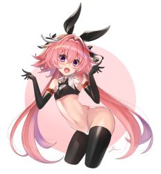 Rule 34 | 1boy, :d, arched back, ass, astolfo (fate), astolfo (saber) (fate), black bow, black gloves, black thighhighs, bow, bowtie, cawang, cowboy shot, cropped legs, elbow gloves, fate/grand order, fate (series), gloves, hair bow, hair intakes, highres, long hair, looking at viewer, male focus, messy hair, open mouth, pink hair, purple eyes, raised eyebrows, signature, smile, solo, standing, stomach, thighhighs, trap, twintails