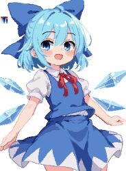 Rule 34 | 1girl, 999 (hansode), blue bow, blue eyes, blue hair, blue skirt, blue vest, blush, bow, cirno, collared shirt, cowboy shot, detached wings, fairy, hair between eyes, hair bow, ice, ice wings, open mouth, pixel art, puffy short sleeves, puffy sleeves, shirt, short hair, short sleeves, simple background, skirt, smile, solo, touhou, vest, white background, white shirt, wings