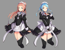 Rule 34 | 2girls, apron, blue eyes, blue hair, bow, dagger, felicia (fire emblem), fire emblem, fire emblem fates, flora (fire emblem), grey background, hako momiji, highres, knife, long hair, maid, maid apron, maid headdress, multiple girls, nintendo, one eye closed, pink hair, ponytail, siblings, simple background, sisters, thighhighs, twins, twintails, weapon
