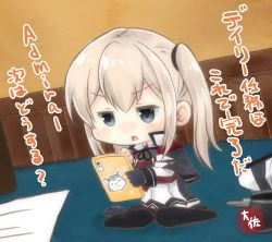 Rule 34 | 1girl, black gloves, black pantyhose, blonde hair, blue eyes, blush, capelet, cellphone, chibi, commentary request, gloves, graf zeppelin (kancolle), hat, holding, holding phone, jitome, kantai collection, long sleeves, mini person, minigirl, pantyhose, phone, single glove, sitting, smartphone, solo, square mouth, taisa (kari), translation request, twintails, unworn hat, unworn headwear, v-shaped eyebrows