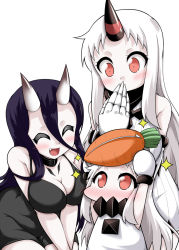 Rule 34 | 10s, 3girls, :d, ^ ^, abyssal ship, bare shoulders, battleship princess, black hair, blush, breasts, carrot, claws, cleavage, closed eyes, commentary request, contemporary, covered mouth, covering own mouth, detached sleeves, dress, fang, hair between eyes, horns, kantai collection, large breasts, long hair, mittens, multiple girls, northern ocean princess, open mouth, red eyes, seaport princess, simple background, single horn, sleeveless, sleeveless dress, smile, sparkle, white hair, yamato nadeshiko