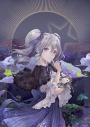 Rule 34 | 1girl, artist request, bouquet, cloud, dark background, drill hair, finger to mouth, flower, frilled sleeves, frills, from side, hair ribbon, hands on own face, idolmaster, idolmaster cinderella girls, idolmaster cinderella girls starlight stage, kanzaki ranko, lolita fashion, long skirt, looking at viewer, purple eyes, purple ribbon, red eyes, ribbon, see-through, shirt, signature, sindomizuki, skirt, star (symbol), striped clothes, striped skirt, sun symbol, twintails