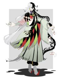 Rule 34 | 1boy, absurdres, ashiya douman (fate), asymmetrical clothes, asymmetrical hair, bell, black eyes, black hair, curly hair, earrings, eyeshadow, fate/grand order, fate (series), fingernails, full body, green eyeshadow, green kimono, green lips, green nails, hair bell, hair between eyes, hair intakes, hair ornament, highres, japanese clothes, jewelry, kimono, lipstick, long hair, looking at viewer, magatama, magatama earrings, makeup, male focus, multicolored hair, mushitori (pixiv261122), nail polish, onmyouji, open clothes, open kimono, outstretched arms, ribbed sleeves, sharp fingernails, smile, solo, split-color hair, spread arms, toned, toned male, two-tone hair, very long fingernails, very long hair, white hair