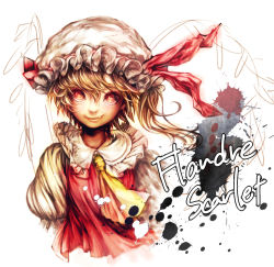 Rule 34 | 1girl, ascot, blonde hair, character name, female focus, flandre scarlet, grin, hat, hat ribbon, red eyes, ribbon, short hair, side ponytail, simple background, smile, solo, toma (me666nm), touhou, unfinished, white background, wings