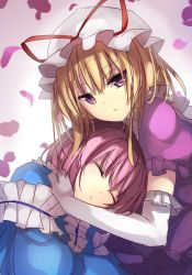 Rule 34 | 2girls, arm garter, blonde hair, blue dress, closed eyes, closed mouth, dress, elbow gloves, expressionless, eyebrows, frilled sleeves, frills, gloves, hand on another&#039;s head, hat, hat ribbon, head tilt, janne cherry, looking at viewer, mob cap, multiple girls, parted lips, petals, pink background, puffy short sleeves, puffy sleeves, purple dress, purple eyes, red ribbon, ribbon, saigyouji yuyuko, short sleeves, simple background, sleeping, touhou, upper body, white gloves, white hat, yakumo yukari