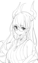 Rule 34 | 1girl, ahoge, breasts, closed mouth, demon girl, dress, glasses, greyscale, highres, horns, jewelry, large breasts, long hair, looking at viewer, monochrome, neck ribbon, necklace, nekojira, original, ribbon, semi-rimless eyewear, sideboob, simple background, solo, sweater, sweater dress, under-rim eyewear, upper body, white background